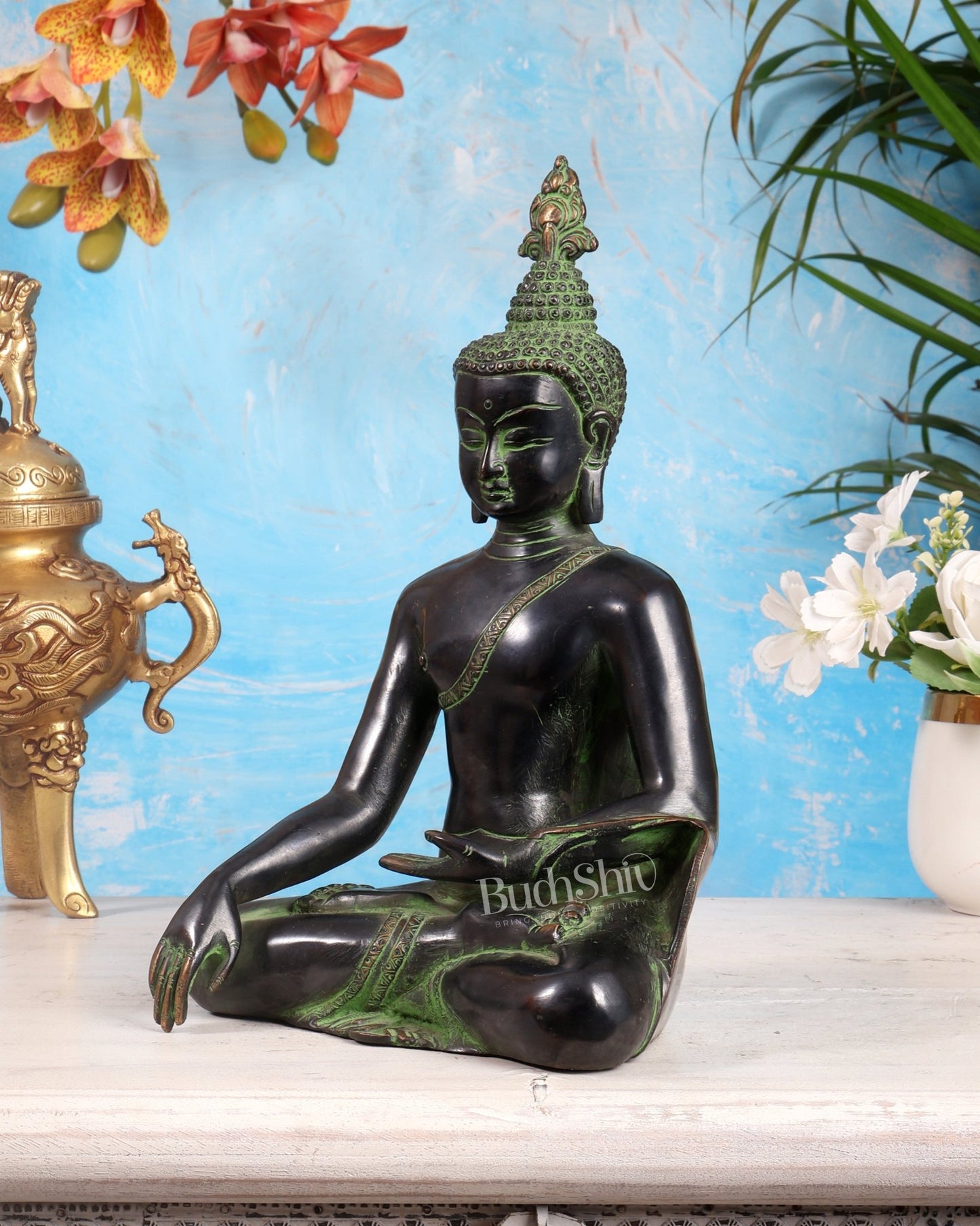 Brass Enlightened Buddha Statue – Bhoomi Sparsha Mudra (Black & Green Tone) 11 inch - Budhshiv.com