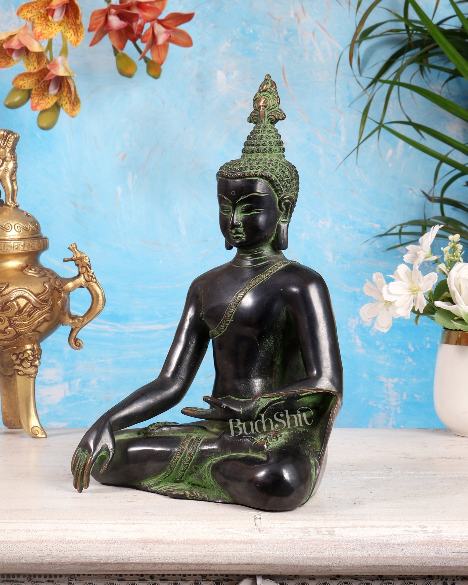Brass Enlightened Buddha Statue – Bhoomi Sparsha Mudra (Black & Green Tone) 11 inch - Budhshiv.com