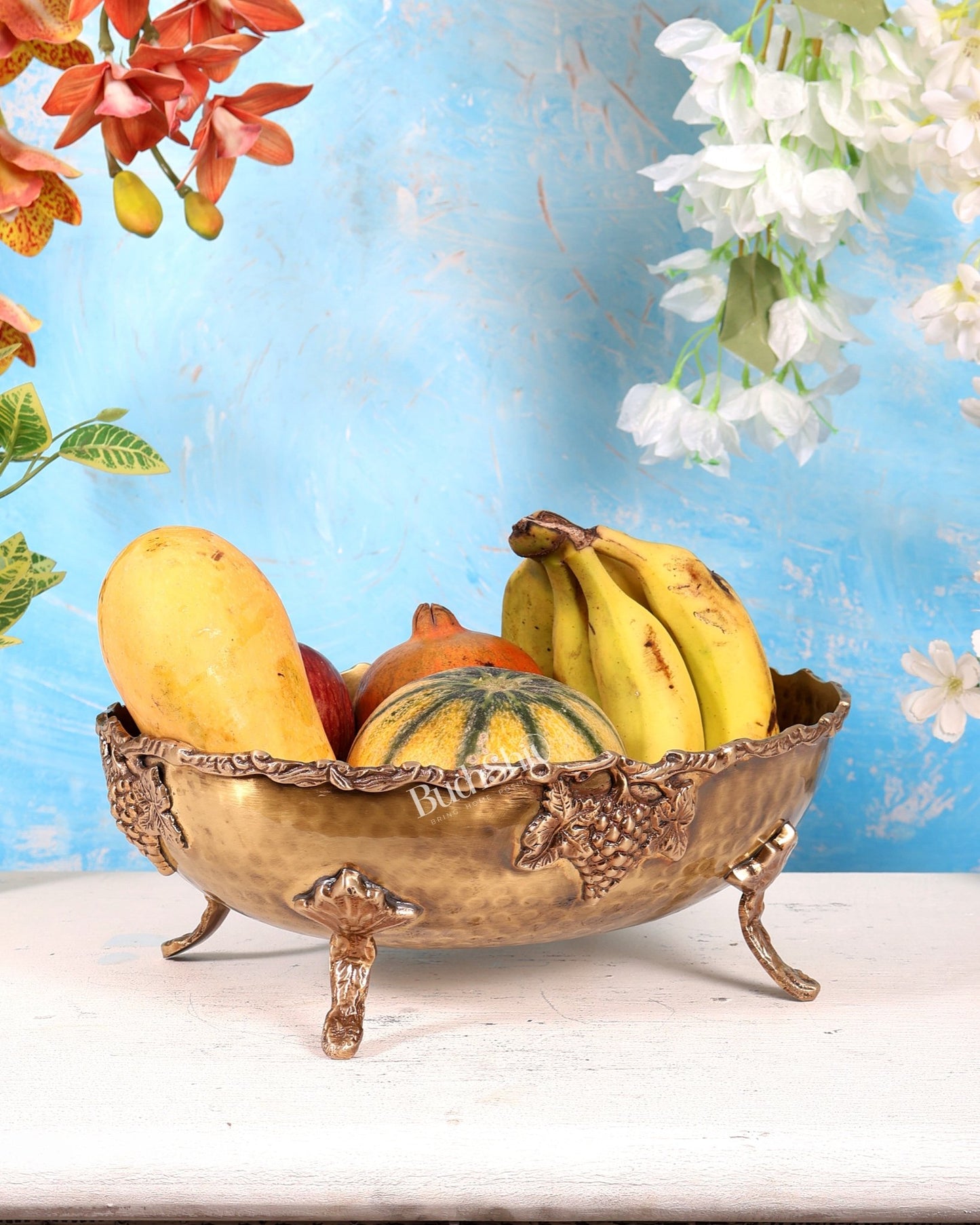 Brass Fruit Bowl – Lightweight Antique Tone Decorative Serving Bowl (12 Inches) - Budhshiv.com