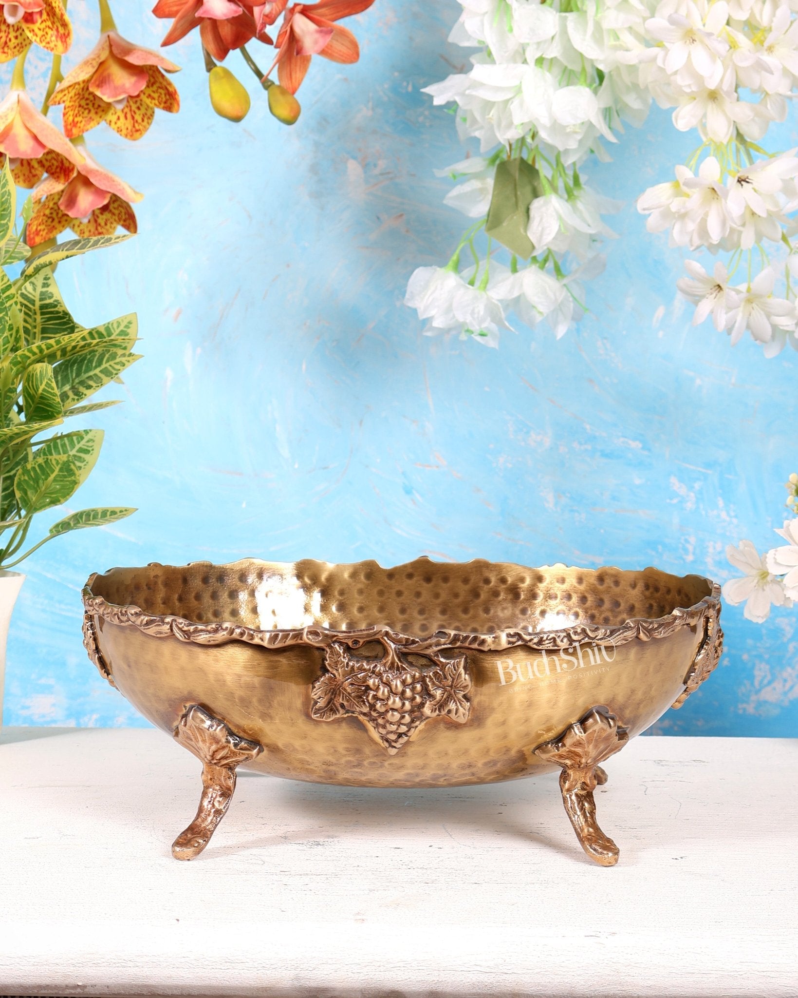 Brass Fruit Bowl – Lightweight Antique Tone Decorative Serving Bowl (12 Inches) - Budhshiv.com