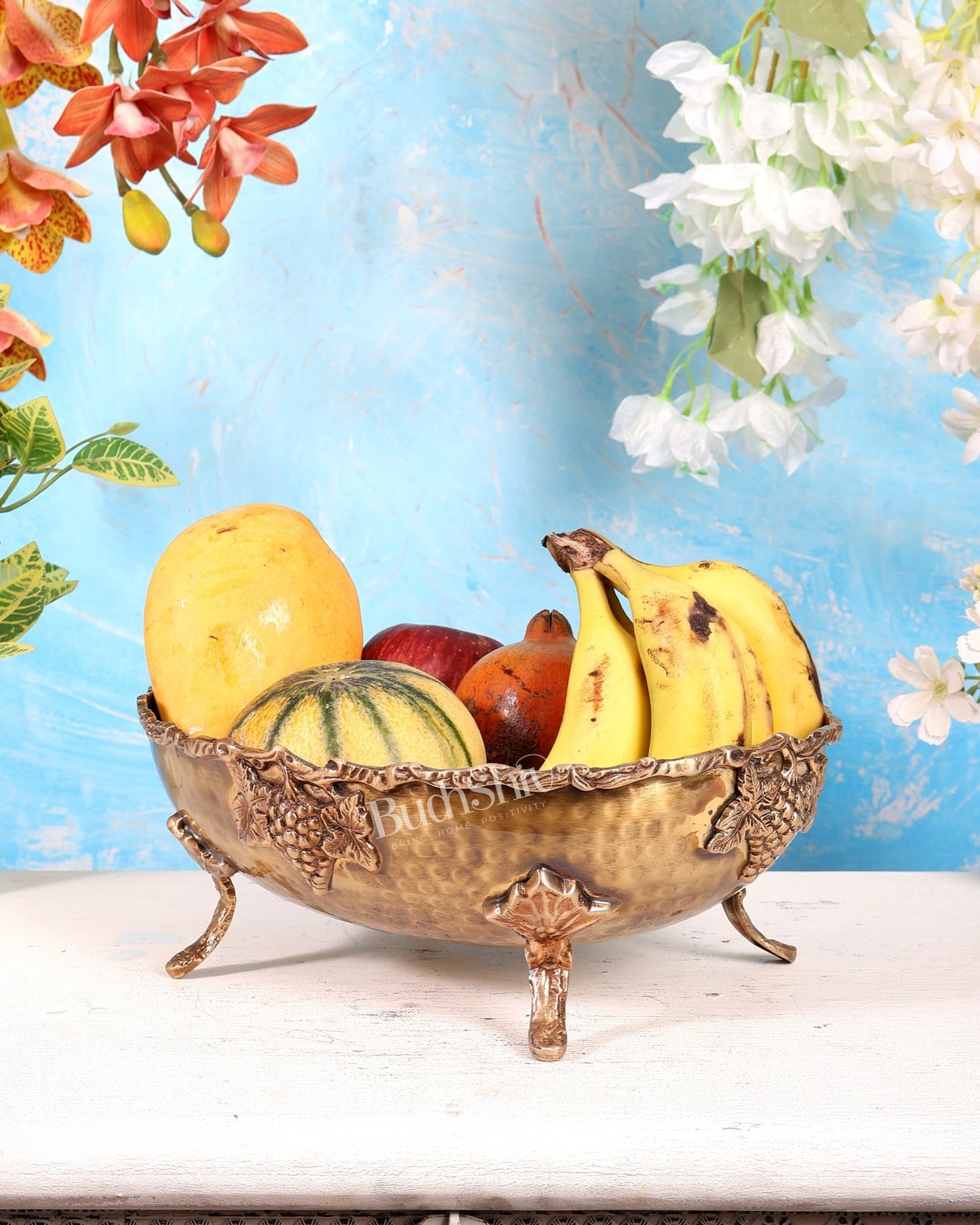 Brass Fruit Bowl – Lightweight Antique Tone Decorative Serving Bowl (12 Inches) - Budhshiv.com