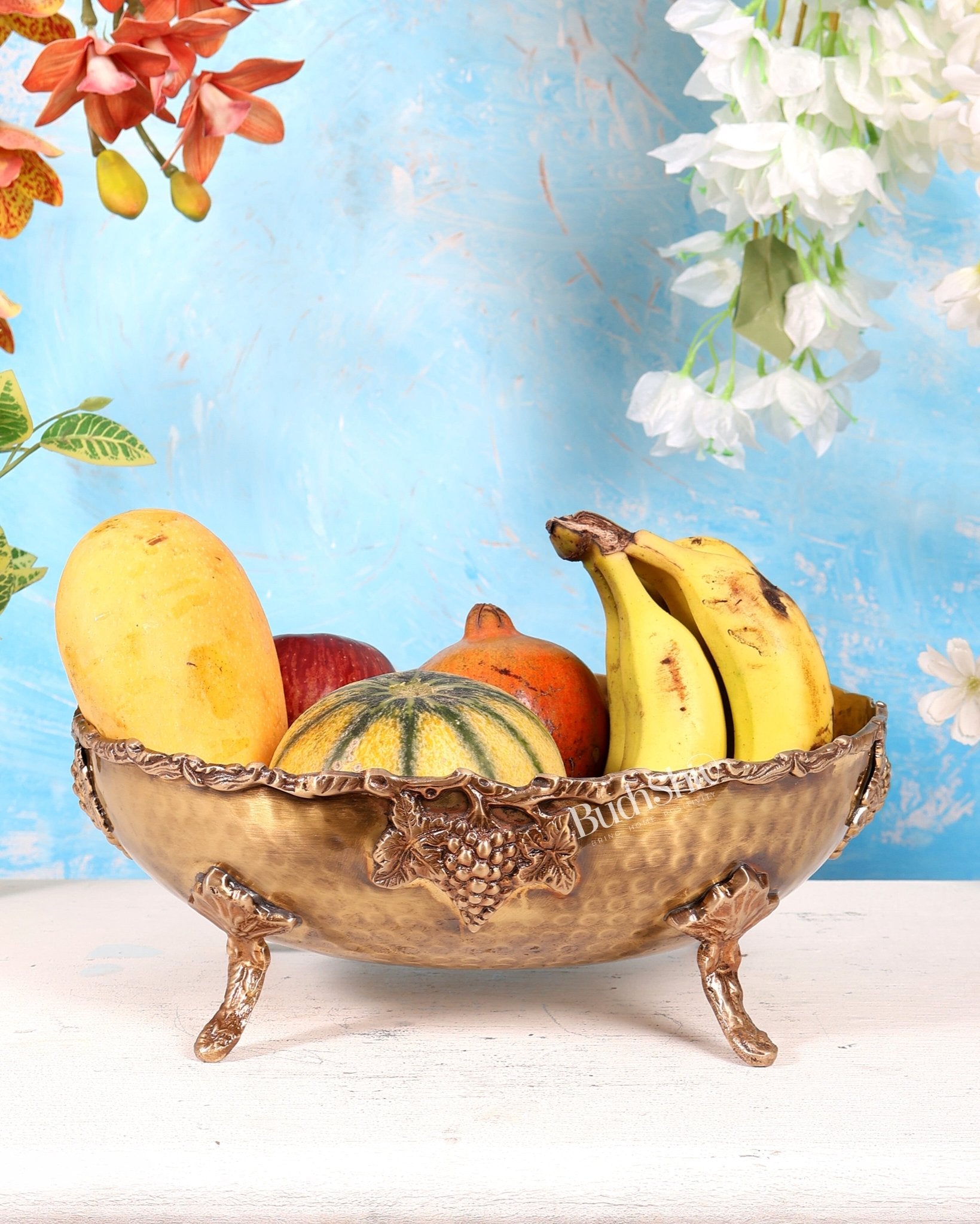 Brass Fruit Bowl – Lightweight Antique Tone Decorative Serving Bowl (12 Inches) - Budhshiv.com