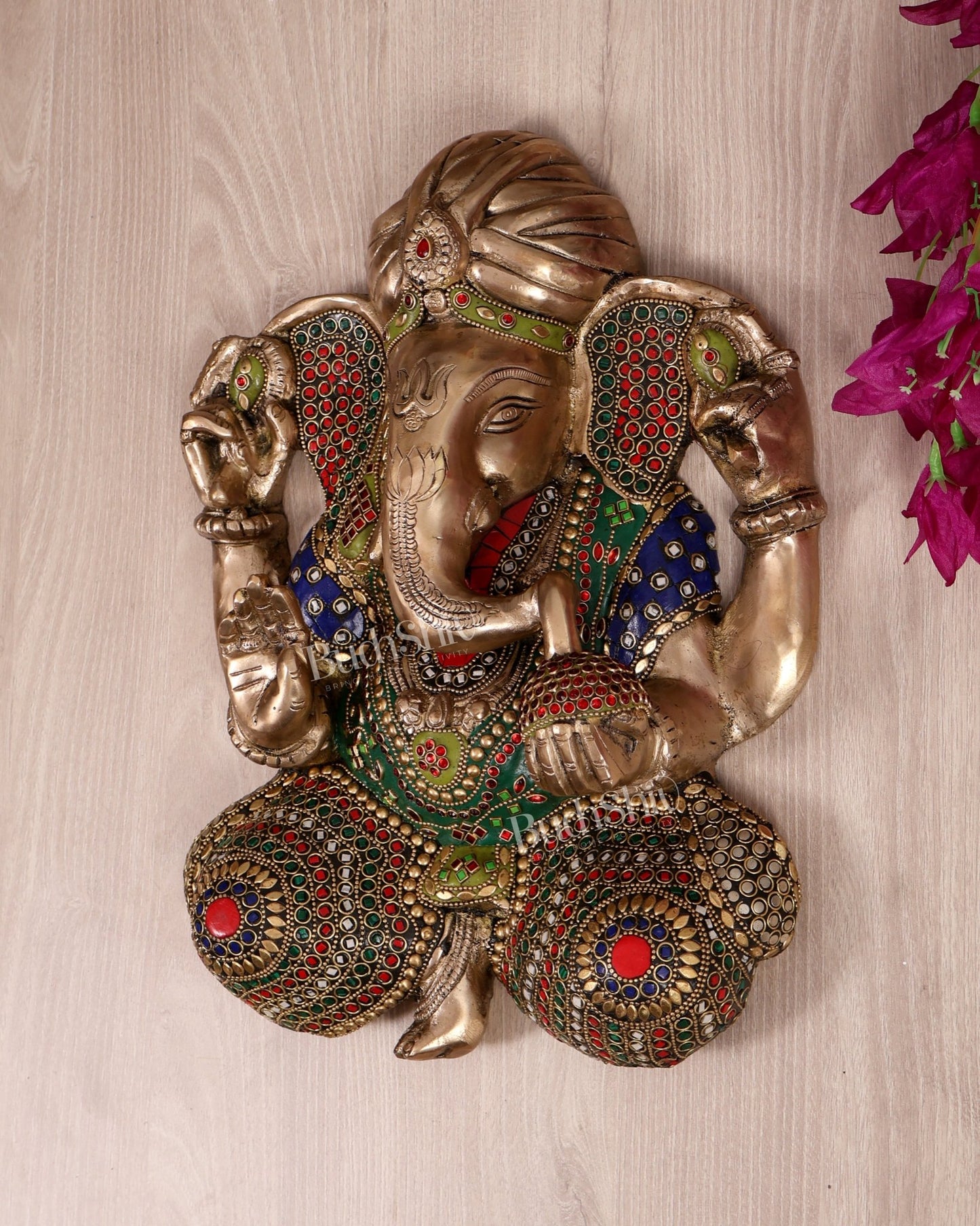 Brass Full Body Lord Ganesha Wall Hanging with stonework– 14 Inch - Budhshiv.com