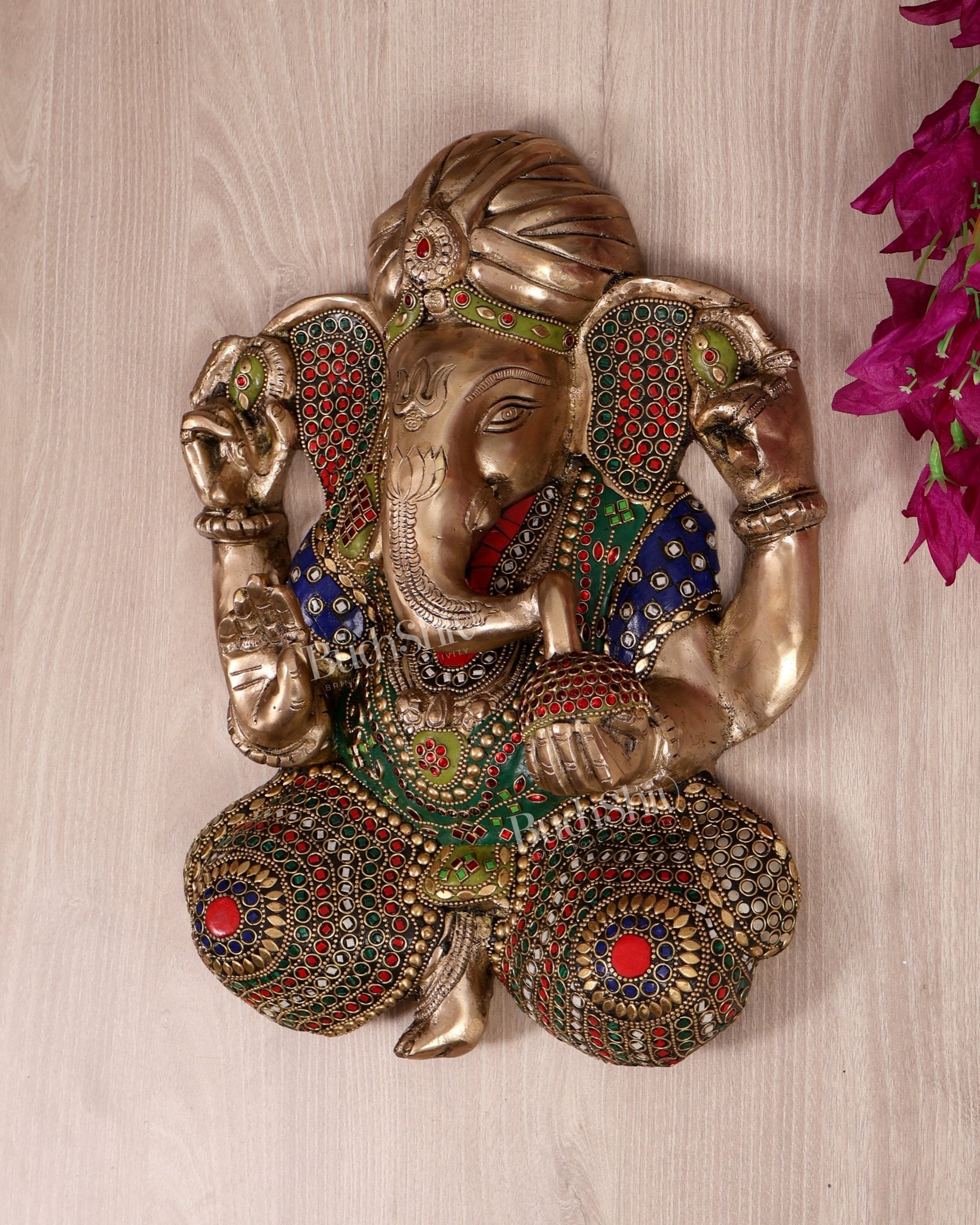 Brass Full Body Lord Ganesha Wall Hanging with stonework– 14 Inch - Budhshiv.com