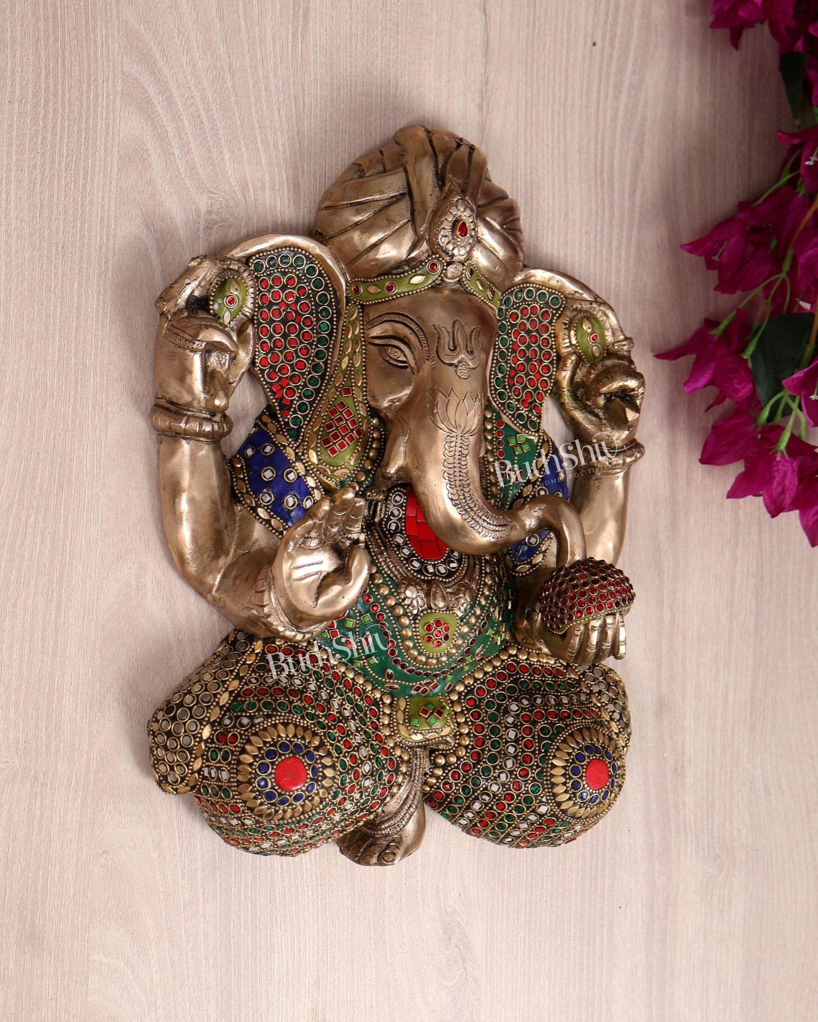 Brass Full Body Lord Ganesha Wall Hanging with stonework– 14 Inch - Budhshiv.com