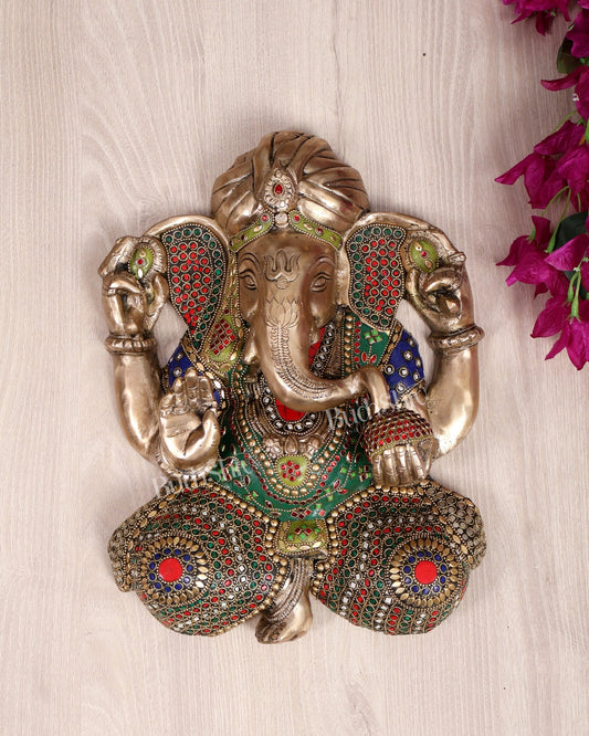 Brass Full Body Lord Ganesha Wall Hanging with stonework– 14 Inch - Budhshiv.com