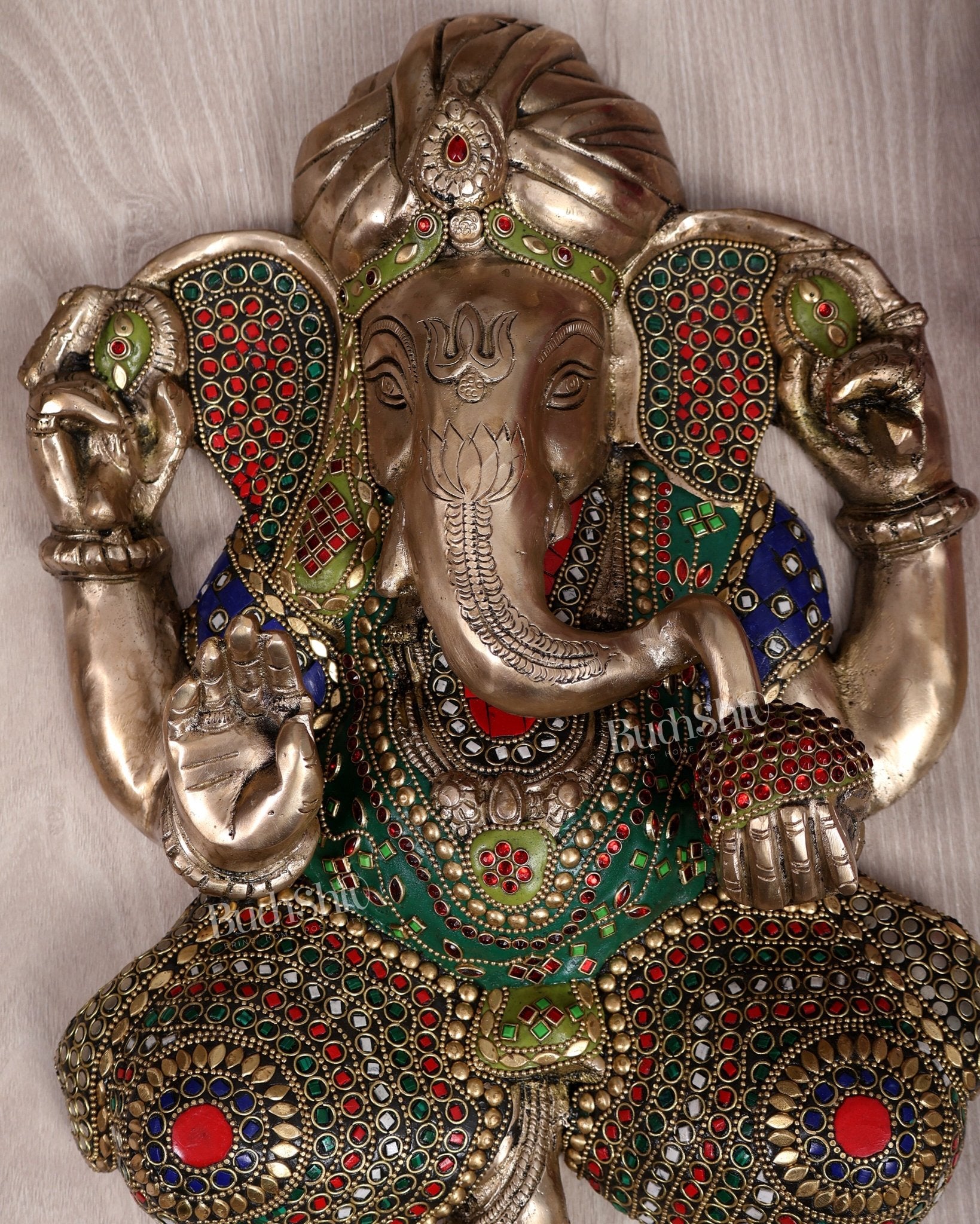 Brass Full Body Lord Ganesha Wall Hanging with stonework– 14 Inch - Budhshiv.com