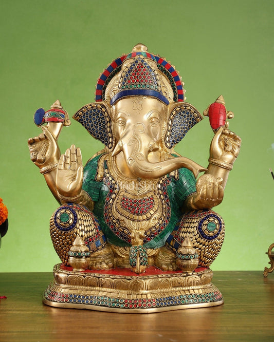 Brass Ganapathi Statue Seated with Mooshak and Kalash – 16 Inch - Budhshiv.com