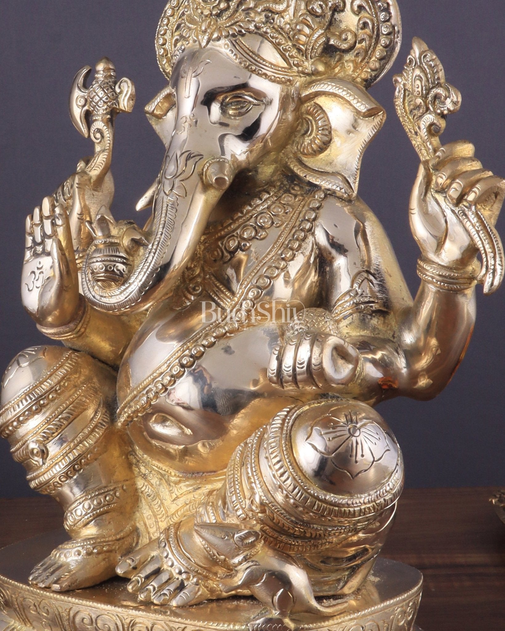 Brass Ganapati Idol Glossy – Handcrafted with Right - Side Trunk, 16" Height - Budhshiv.com