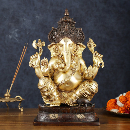 Brass Ganapati Idol – Handcrafted with Right - Side Trunk, 16" Height - Budhshiv.com