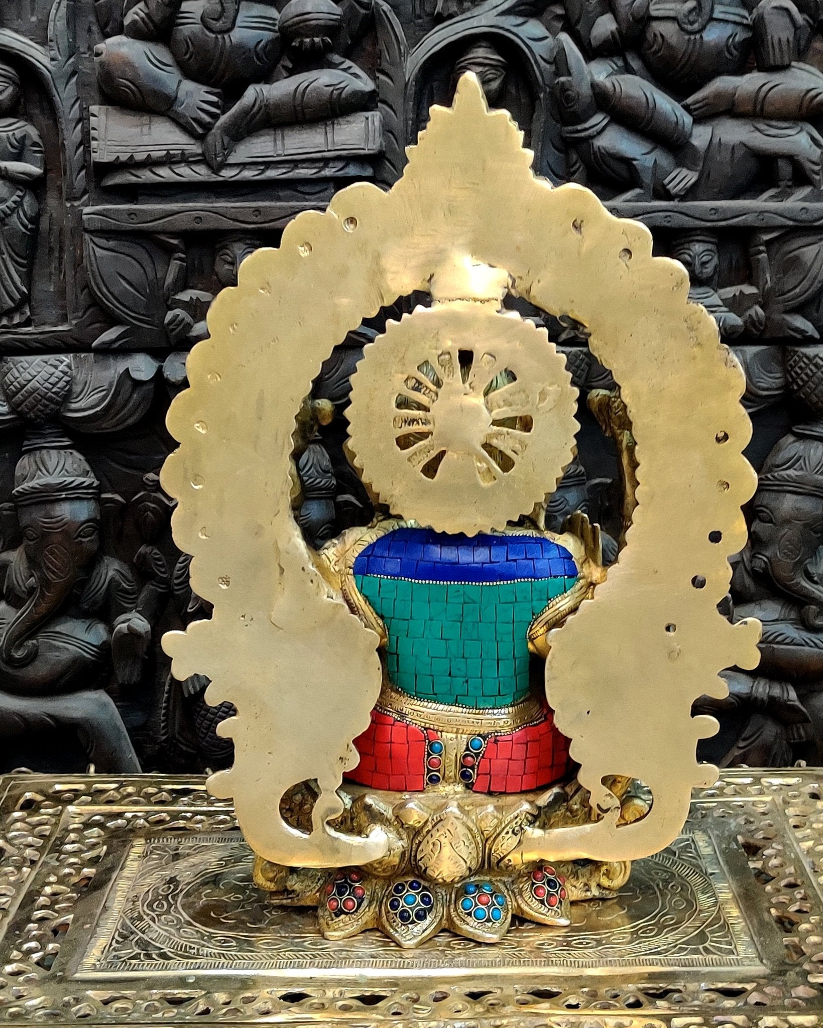 Brass Ganapati Statue on Lotus Throne with Prabhavali Arch - 15.5 - Budhshiv.com
