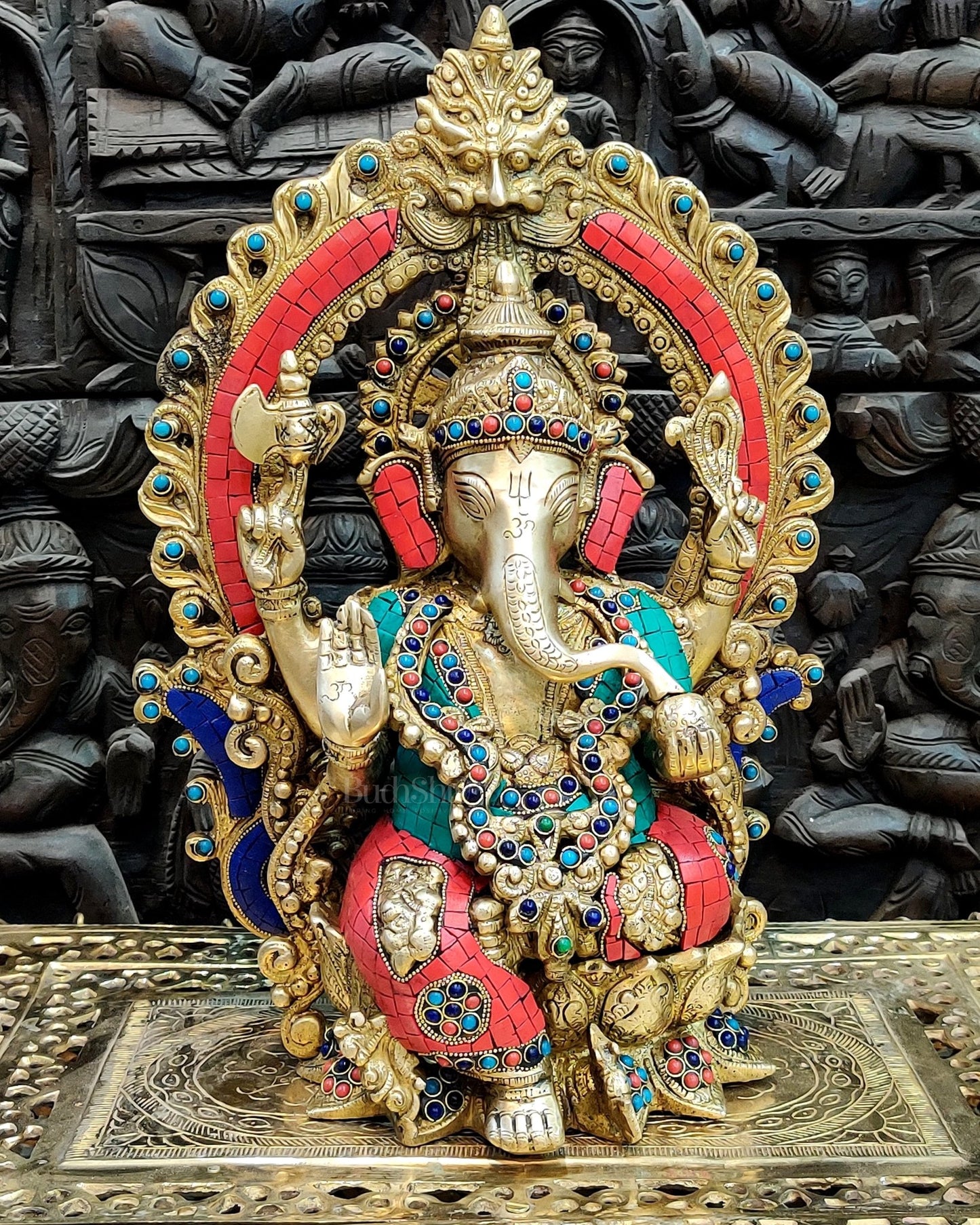 Brass Ganapati Statue on Lotus Throne with Prabhavali Arch - 15.5 - Budhshiv.com