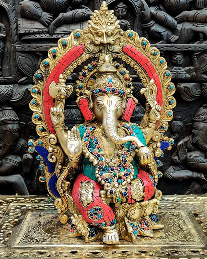 Brass Ganapati Statue on Lotus Throne with Prabhavali Arch - 15.5 - Budhshiv.com
