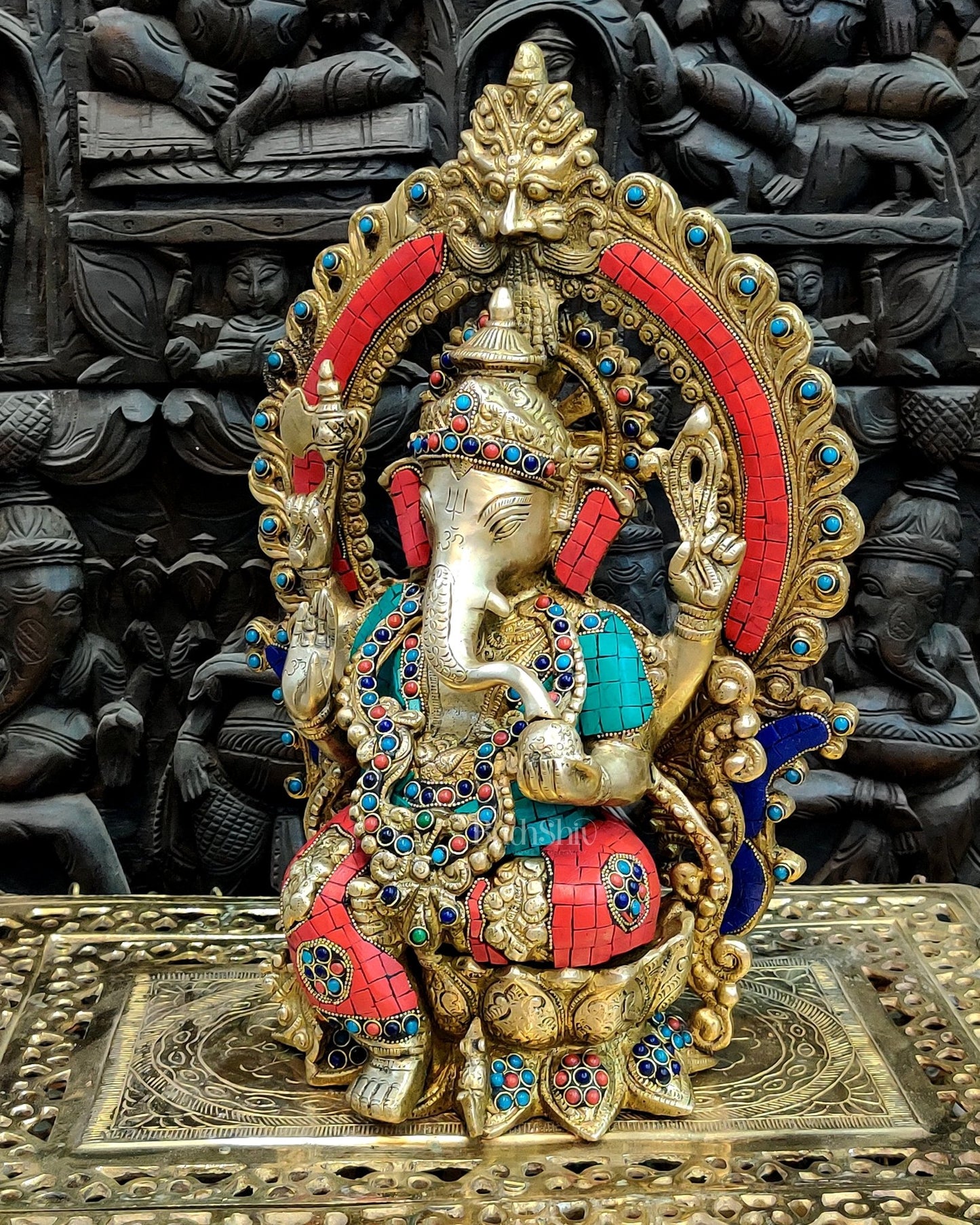 Brass Ganapati Statue on Lotus Throne with Prabhavali Arch - 15.5 - Budhshiv.com