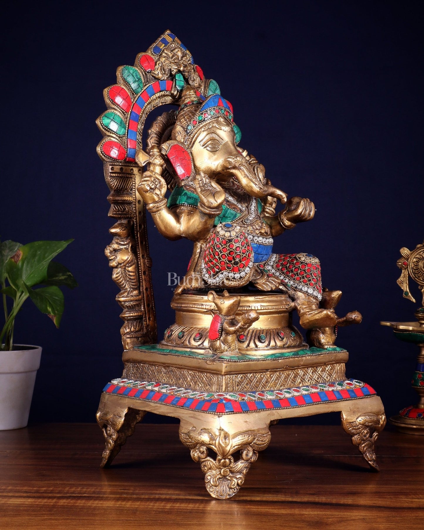 Brass Ganapati Statue on Throne - 17 inch - Budhshiv.com