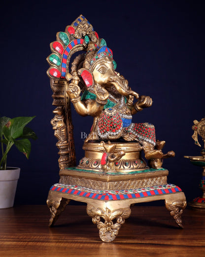 Brass Ganapati Statue on Throne - 17 inch - Budhshiv.com
