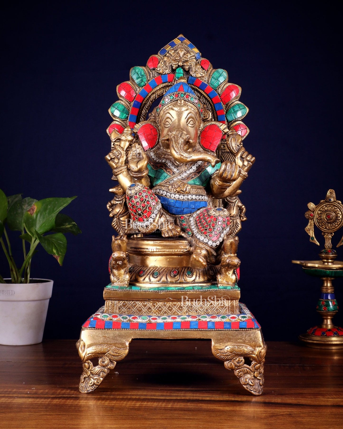 Brass Ganapati Statue on Throne - 17 inch - Budhshiv.com