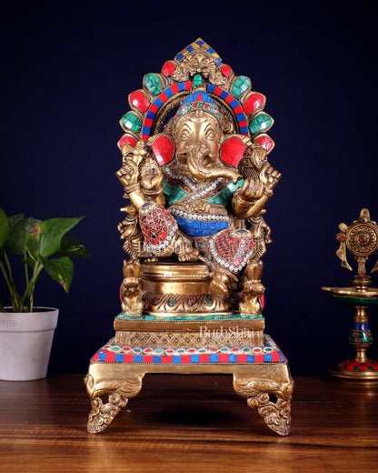 Brass Ganapati Statue on Throne - 17 inch - Budhshiv.com