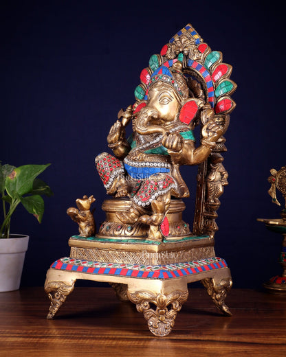 Brass Ganapati Statue on Throne - 17 inch - Budhshiv.com