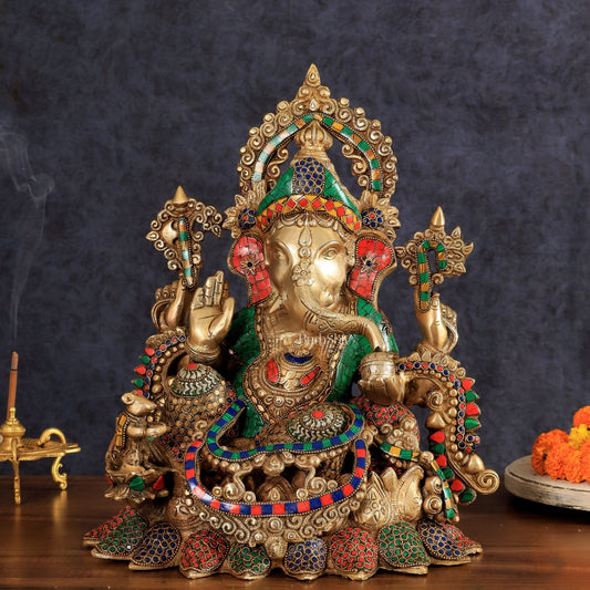 Brass Ganapati statue with sharp features - 16 inches - Budhshiv.com