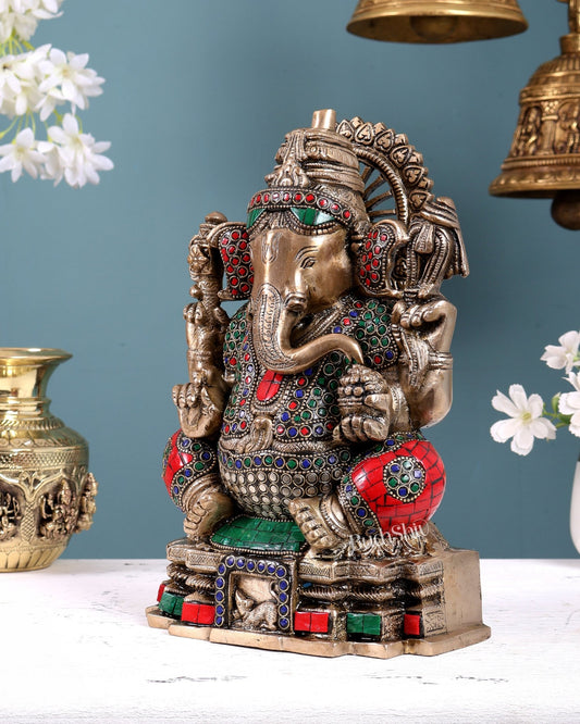 Brass Ganapati Unique Statue 11 inch with Stonework - Budhshiv.com