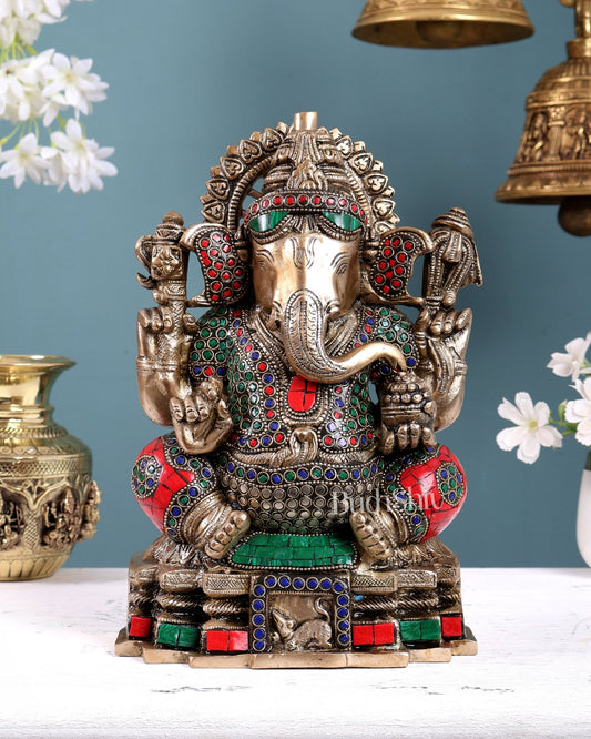 Brass Ganapati Unique Statue 11 inch with Stonework - Budhshiv.com