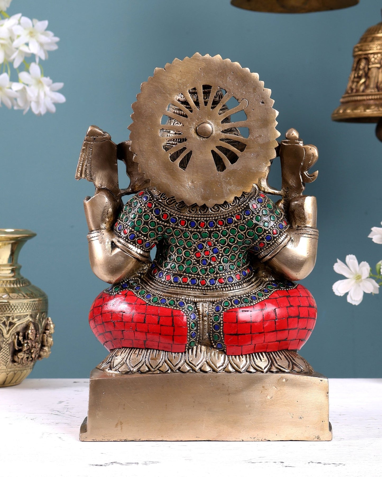 Brass Ganapati Unique Statue 11 inch with Stonework - Budhshiv.com