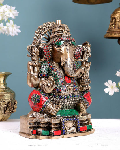 Brass Ganapati Unique Statue 11 inch with Stonework - Budhshiv.com