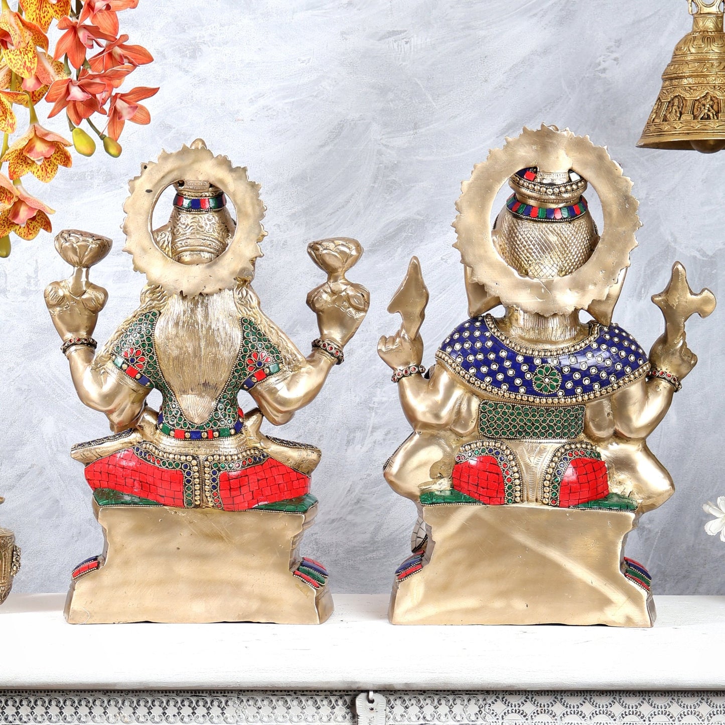 Brass Ganesh Lakshmi Brass Idol 18" Pair with stonework - Budhshiv.com