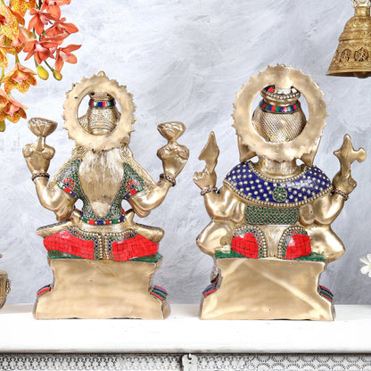 Brass Ganesh Lakshmi Brass Idol 18" Pair with stonework - Budhshiv.com