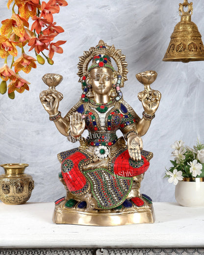 Brass Ganesh Lakshmi Brass Idol 18" Pair with stonework - Budhshiv.com