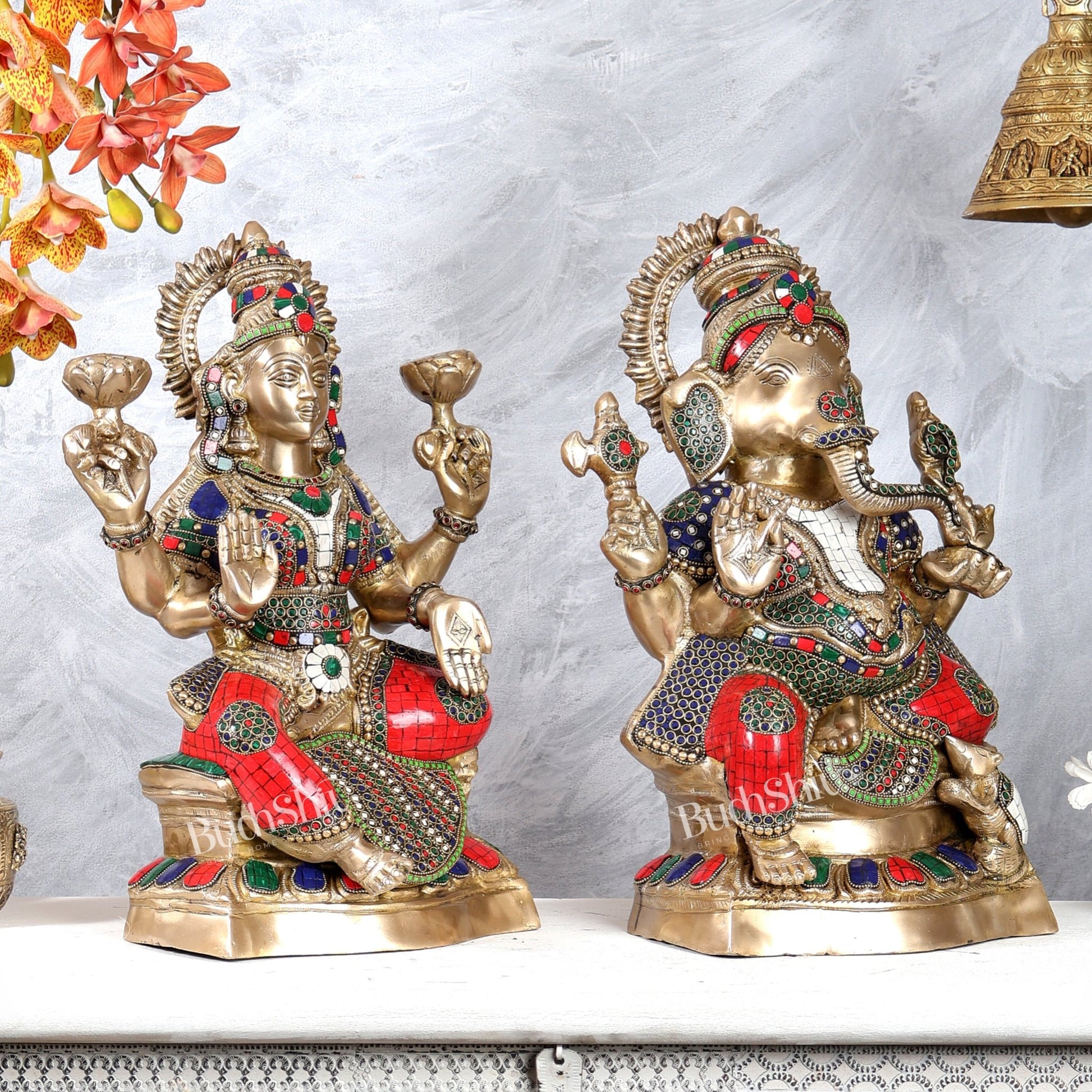 Brass Ganesh Lakshmi Brass Idol 18" Pair with stonework - Budhshiv.com