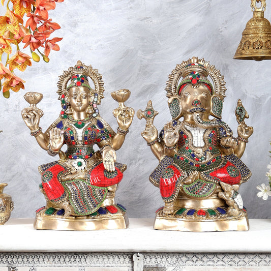 Brass Ganesh Lakshmi Brass Idol 18" Pair with stonework - Budhshiv.com