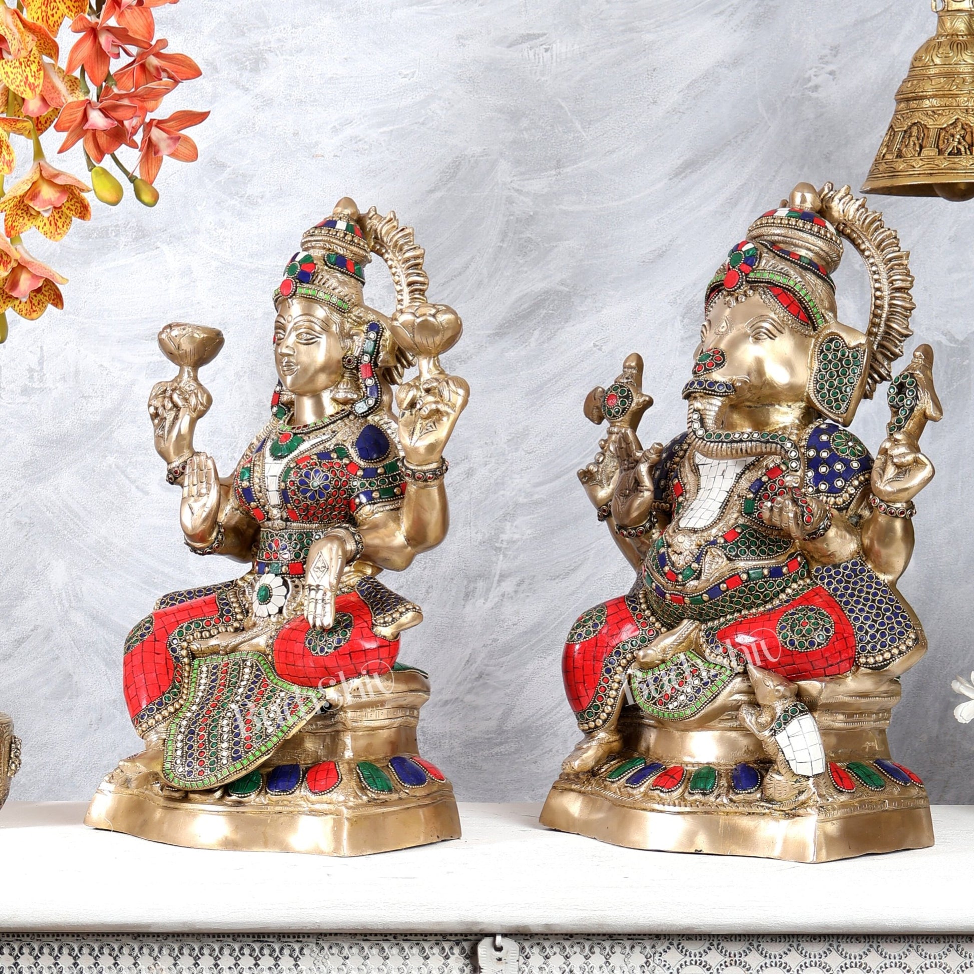 Brass Ganesh Lakshmi Brass Idol 18" Pair with stonework - Budhshiv.com