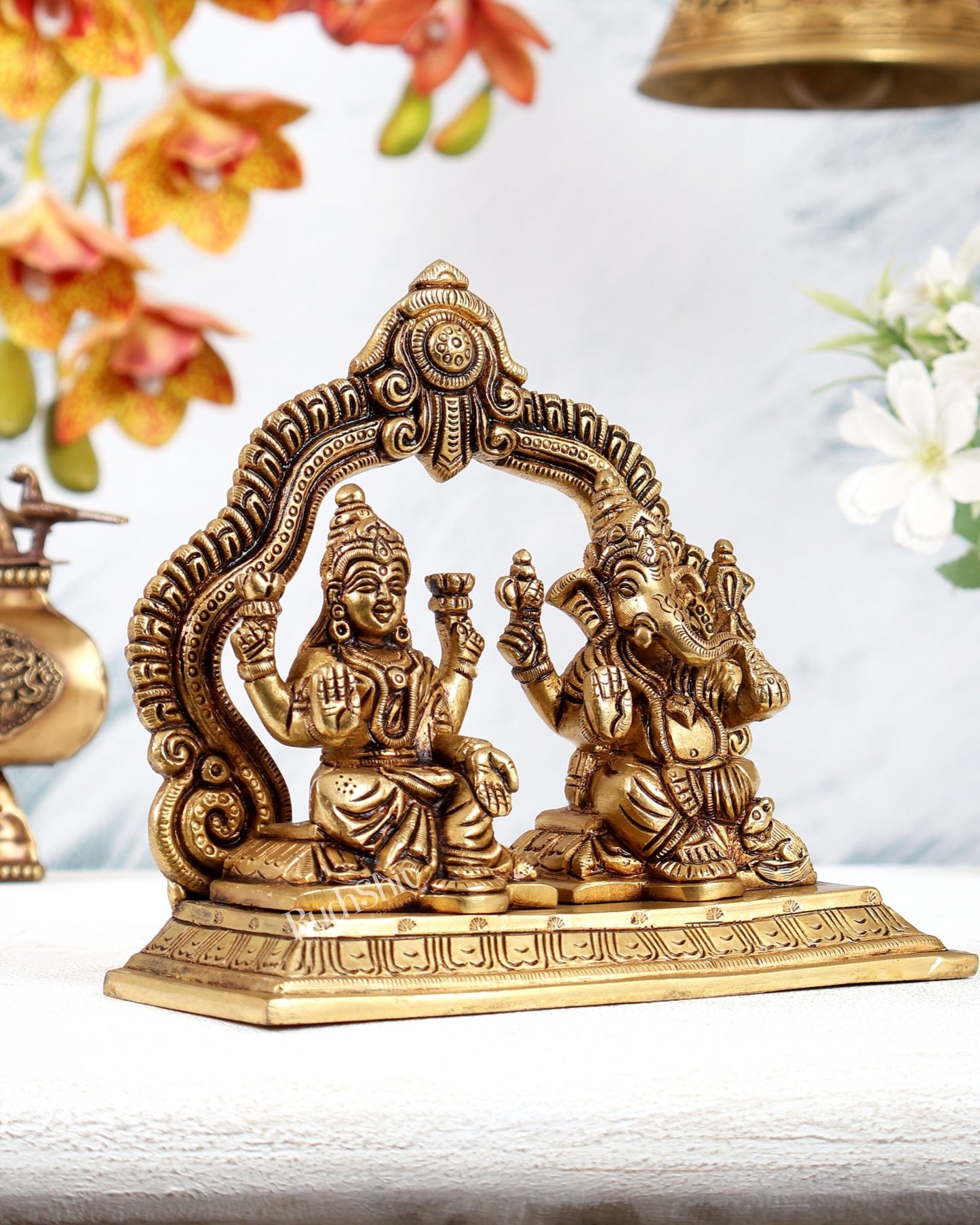 Brass Ganesh Lakshmi Idol on Same Base with Prabhavali – Divine Prosperity Statue (5.5 Inches) - Budhshiv.com