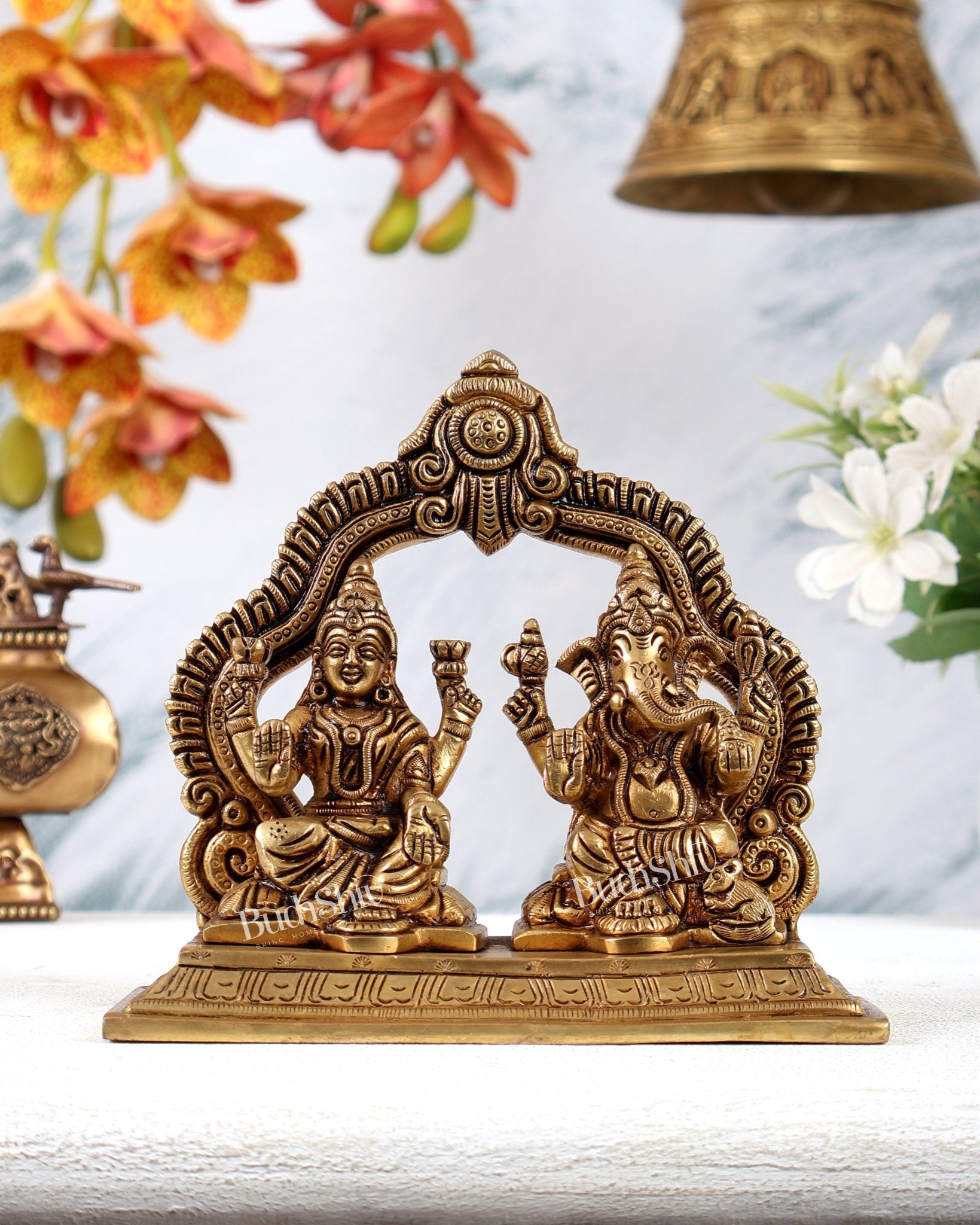Brass Ganesh Lakshmi Idol on Same Base with Prabhavali – Divine Prosperity Statue (5.5 Inches) - Budhshiv.com
