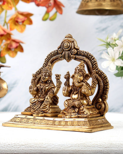 Brass Ganesh Lakshmi Idol on Same Base with Prabhavali – Divine Prosperity Statue (5.5 Inches) - Budhshiv.com