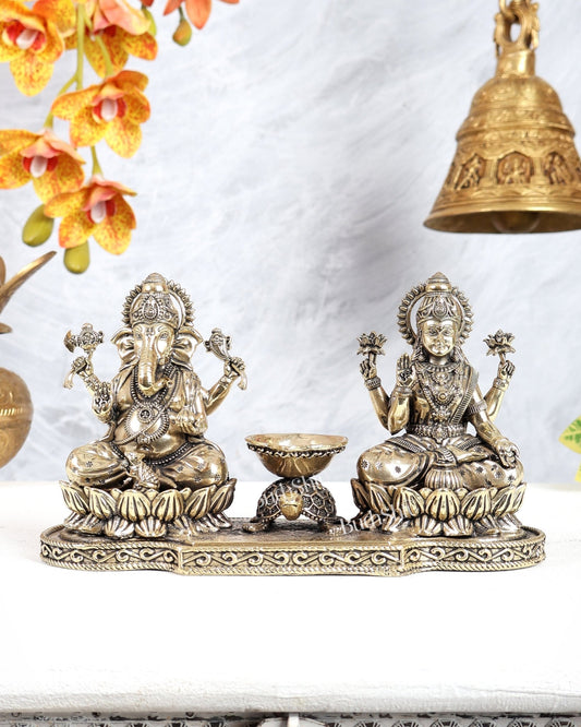 Brass Ganesh Lakshmi Idol with Tortoise Diya – Auspicious Prosperity & Wealth Sculpture 4.5 inch - Budhshiv.com
