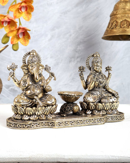 Brass Ganesh Lakshmi Idol with Tortoise Diya – Auspicious Prosperity & Wealth Sculpture 4.5 inch - Budhshiv.com