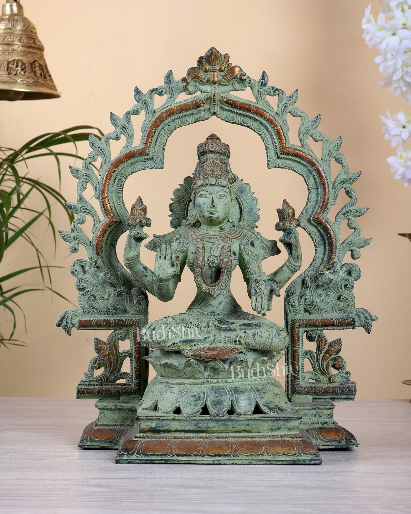 Brass Ganesh Lakshmi Large - Antique green sand patina - 16 Inch - Budhshiv.com