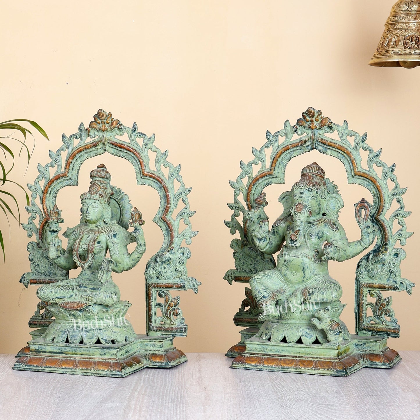 Brass Ganesh Lakshmi Large - Antique green sand patina - 16 Inch - Budhshiv.com