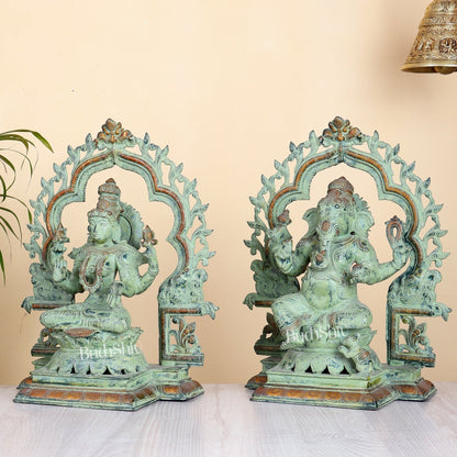 Brass Ganesh Lakshmi Large - Antique green sand patina - 16 Inch - Budhshiv.com