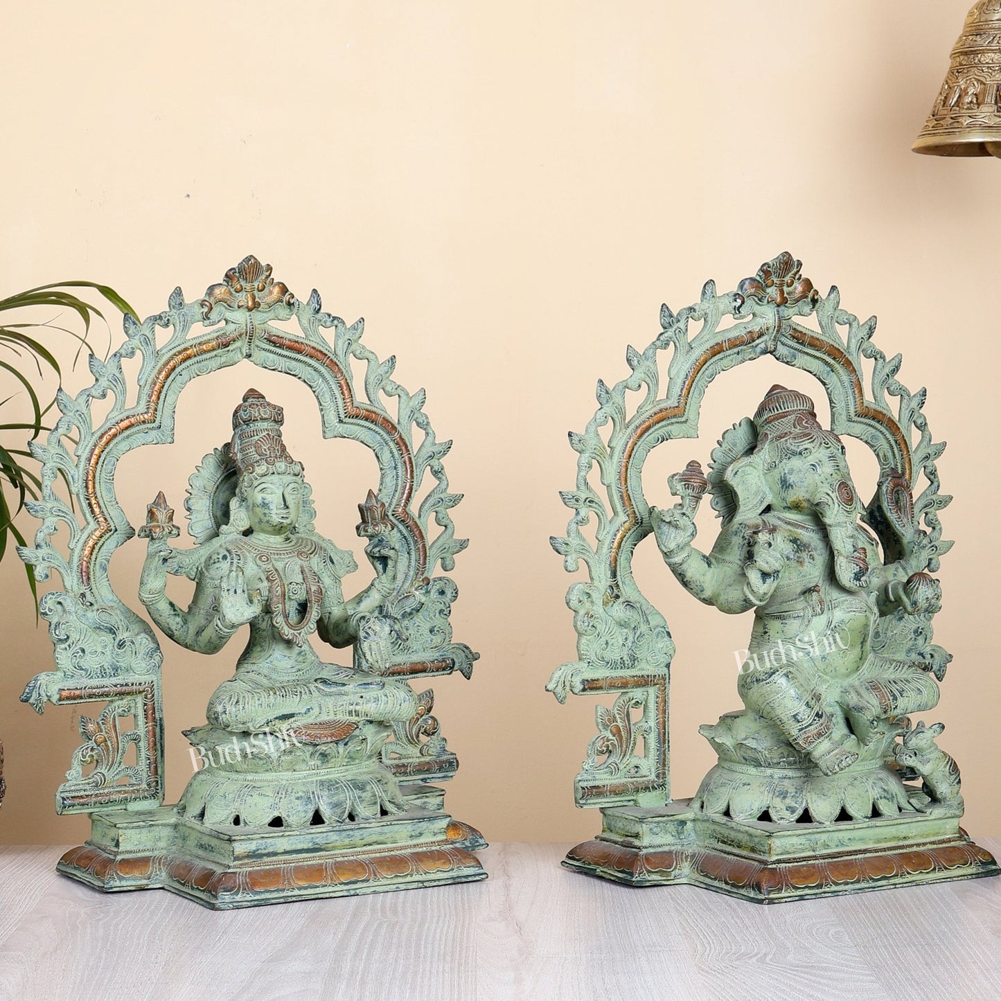 Brass Ganesh Lakshmi Large - Antique green sand patina - 16 Inch - Budhshiv.com