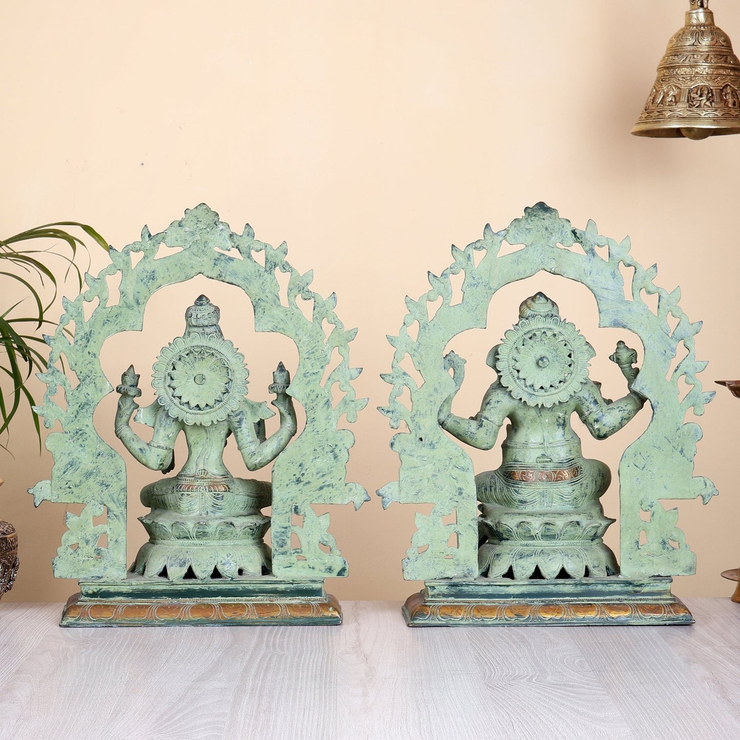 Brass Ganesh Lakshmi Large - Antique green sand patina - 16 Inch - Budhshiv.com