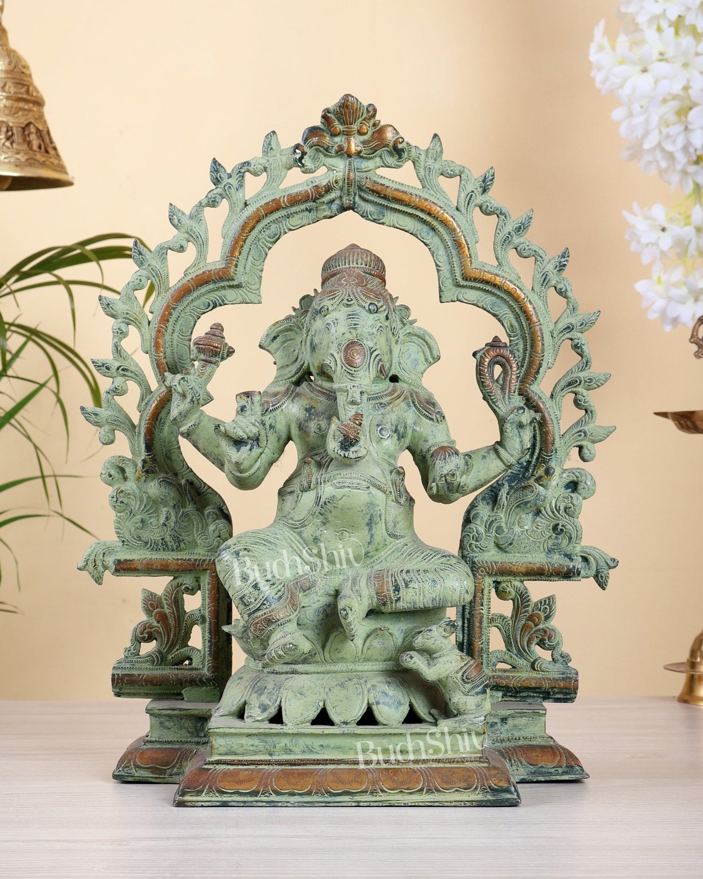 Brass Ganesh Lakshmi Large - Antique green sand patina - 16 Inch - Budhshiv.com