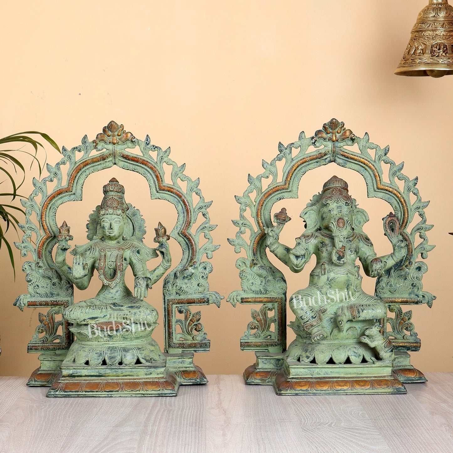 Brass Ganesh Lakshmi Large - Antique green sand patina - 16 Inch - Budhshiv.com