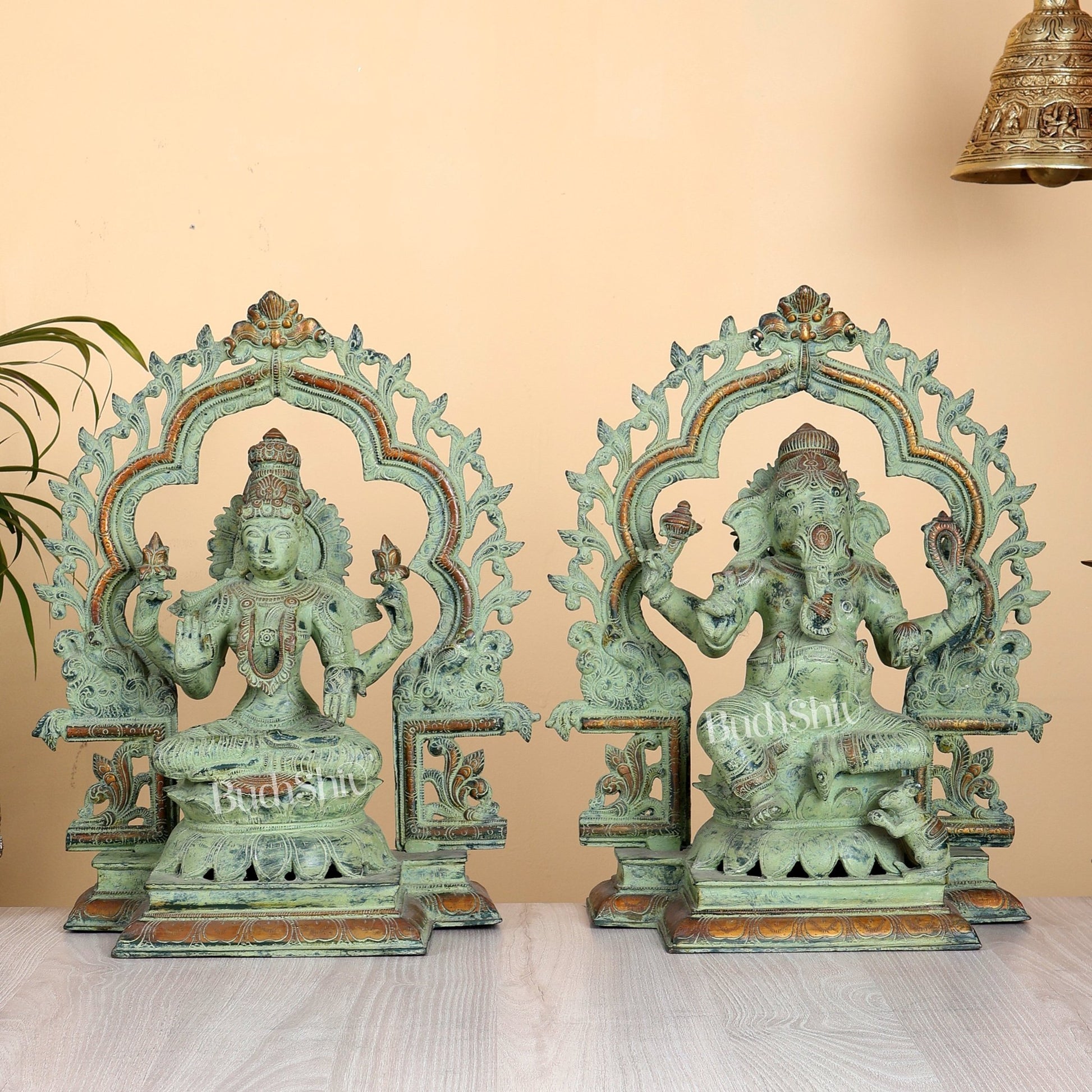 Brass Ganesh Lakshmi Large - Antique green sand patina - 16 Inch - Budhshiv.com