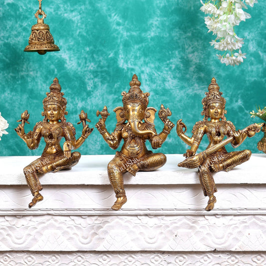Brass Ganesh Lakshmi Saraswati Idols without base 14 inch - Budhshiv.com