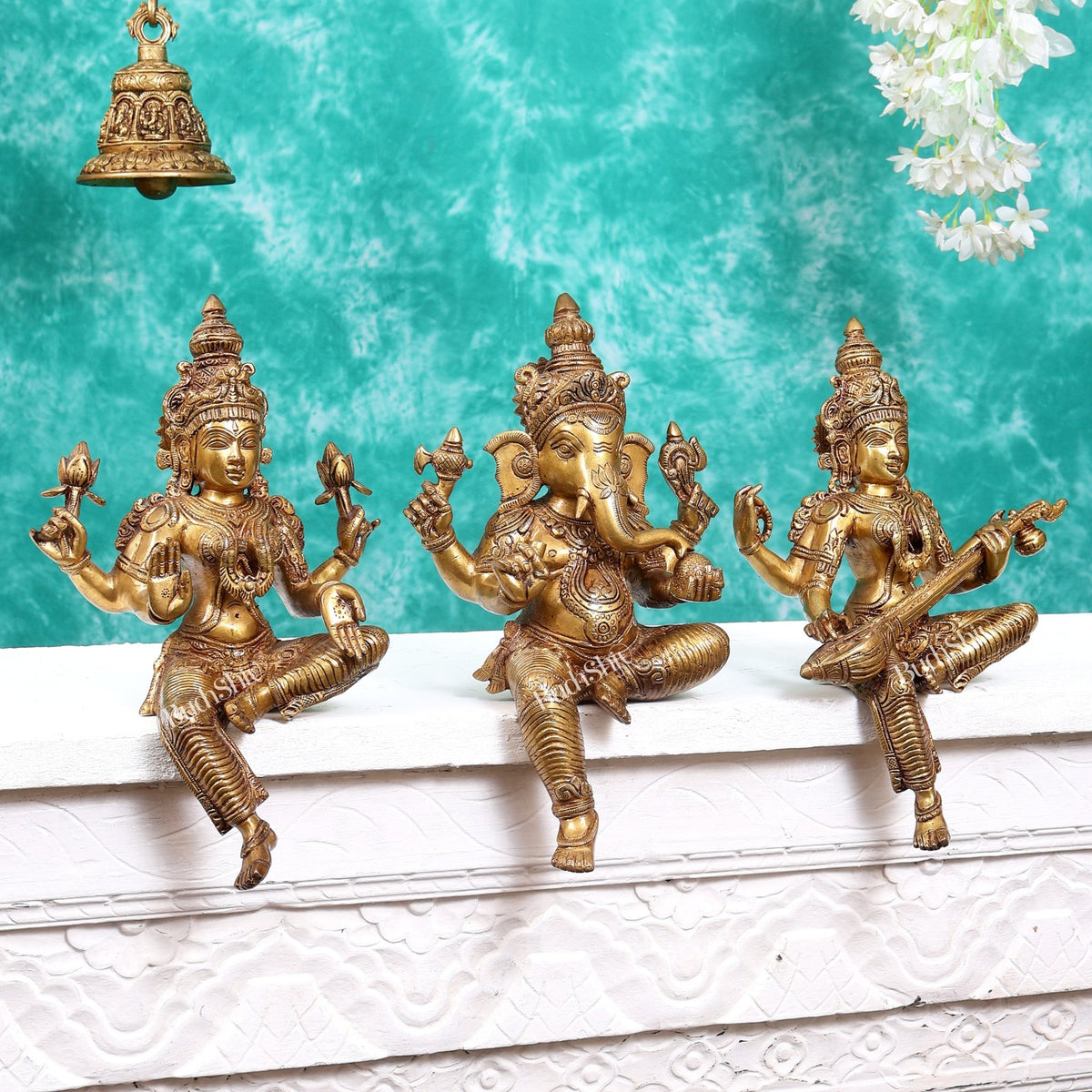 Brass Ganesh Lakshmi Saraswati Idols without base 14 inch - Budhshiv.com