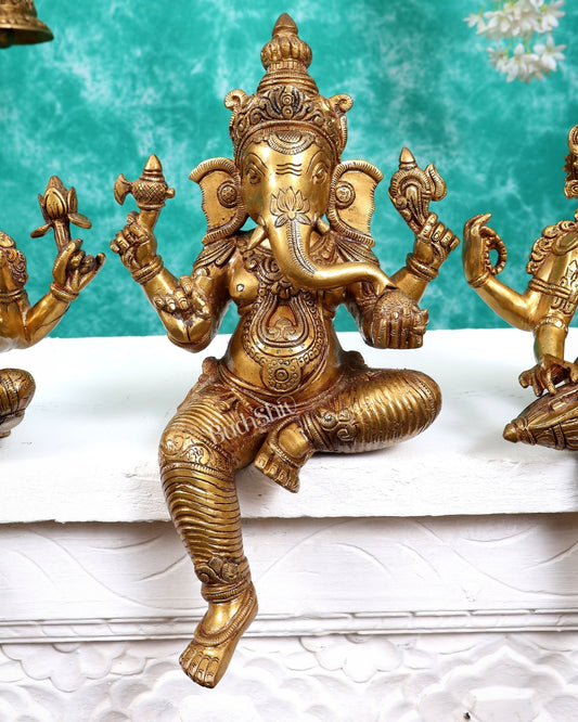 Brass Ganesh Lakshmi Saraswati Idols without base 14 inch - Budhshiv.com